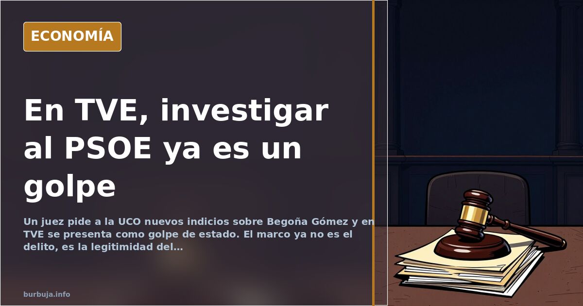 Ilustración editorial en azul marino y oro de un plató de televisión pública con un micrófono y un martillo de juez enfrentad