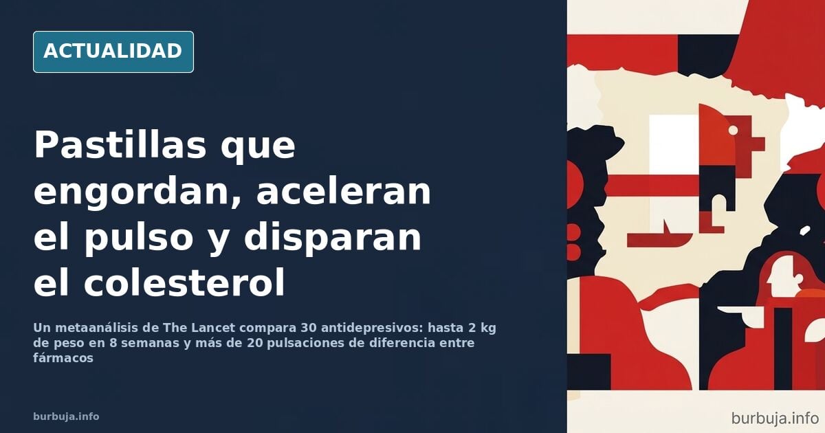 Caja de antidepresivos y pastillas sobre una mesa junto a un tensiómetro y un gráfico de constantes vitales
