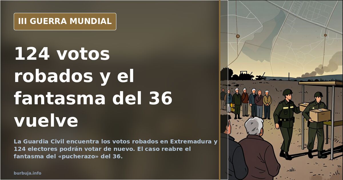 Mapa de España con papeletas electorales y siluetas de vehículos oficiales en una carretera desierta bajo un cielo gris