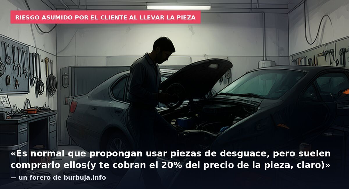 Riesgo asumido por el cliente al llevar la pieza: «Es normal que propongan usar piezas de desguace, pero suelen comprarlo ellos(y te cobran el 20% del precio de la pieza, claro)» — un forero de burbuja.info