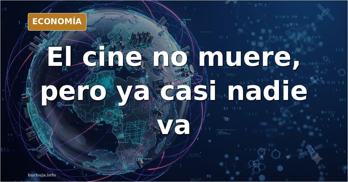Sala de cine vacía con butacas rojas y pantalla iluminada, ilustración editorial en azul marino y dorado sobre la crisis de a