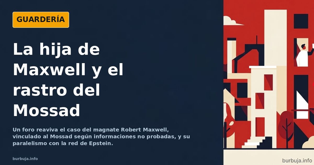 Retrato ilustrado de un magnate de los medios junto a una joven en una isla, con documentos y recortes de prensa al fondo