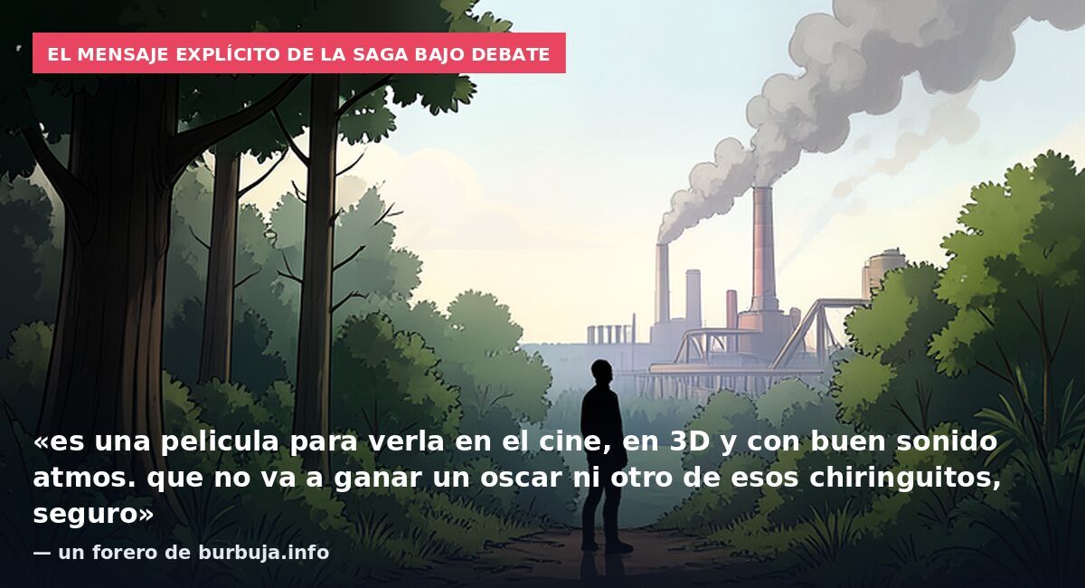 El mensaje explícito de la saga bajo debate: «es una pelicula para verla en el cine, en 3D y con buen sonido atmos. que no va a ganar un oscar ni otro de esos chiringuitos, seguro» — un forero de burbuja.info