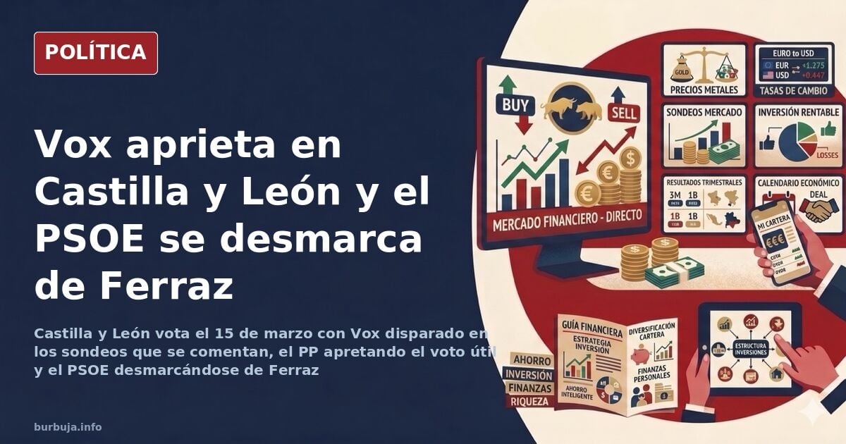 Ilustración editorial de una urna electoral en Castilla y León con papeletas y escaños de fondo en tonos rojos y azules