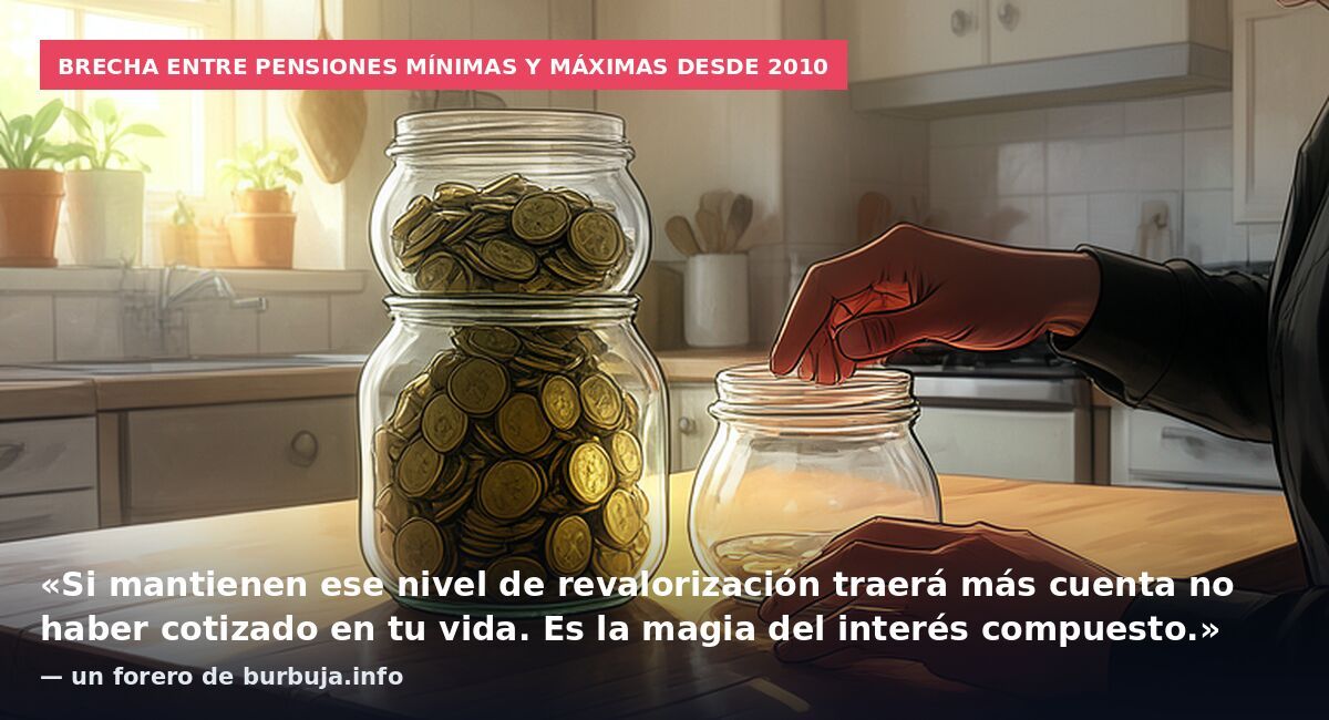 Brecha entre pensiones mínimas y máximas desde 2010: «Si mantienen ese nivel de revalorización traerá más cuenta no haber cotizado en tu vida. Es la magia del interés compuesto.» — un forero de burbuja.info