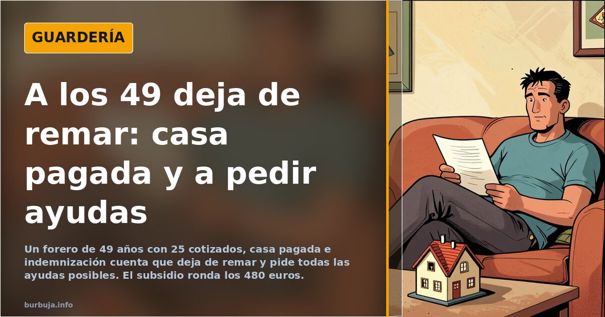Ilustración de un hombre de mediana edad con carpeta y calculadora junto a una casa pagada y gráficos de subsidios