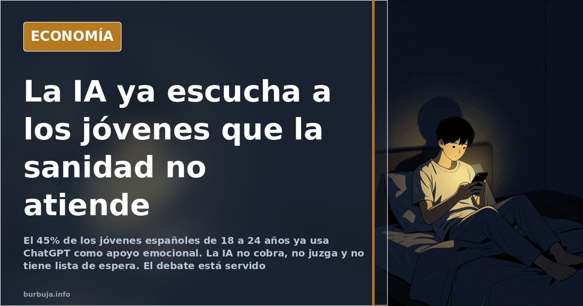 Ilustración editorial de un joven hablando con un chatbot de apoyo emocional en la pantalla de su móvil