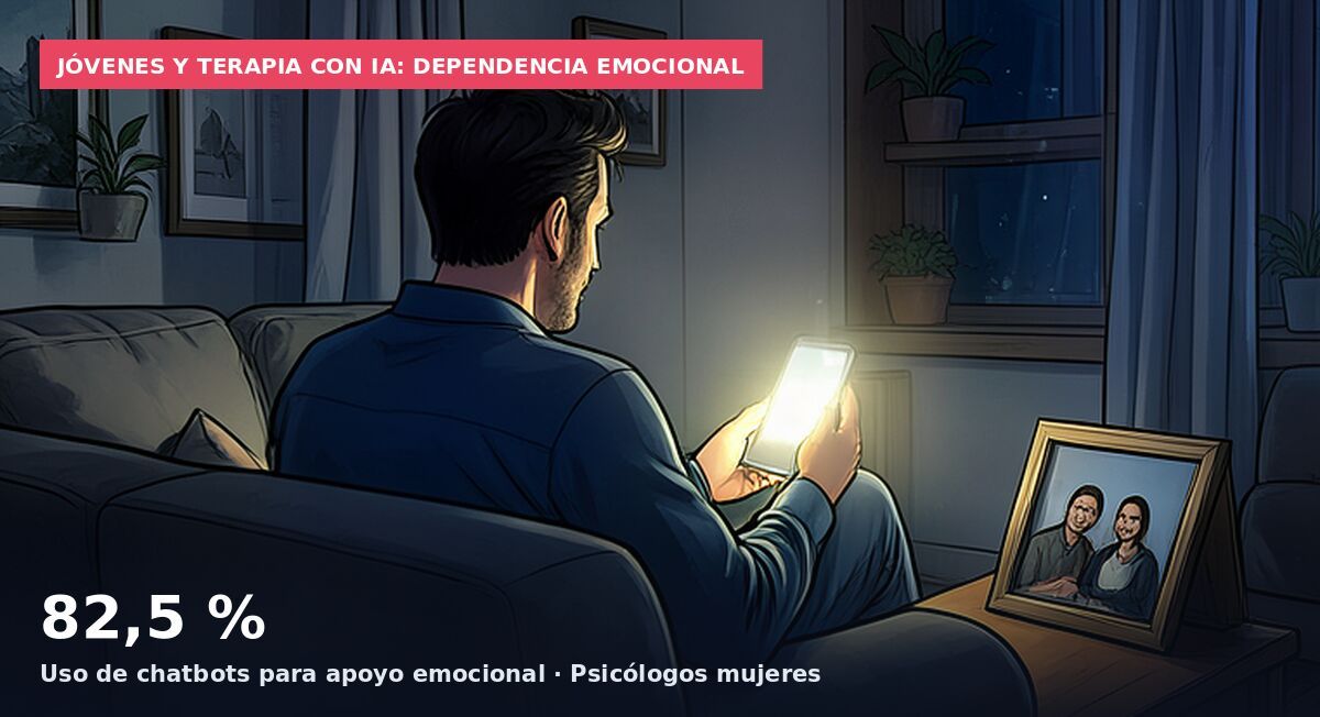 Jóvenes y terapia con IA: dependencia emocional: 82,5 % Uso de chatbots para apoyo emocional · Psicólogos mujeres