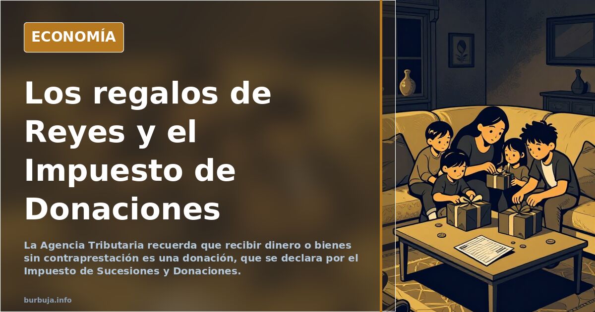 Ilustración editorial de regalos navideños y un formulario fiscal sobre fondo azul marino