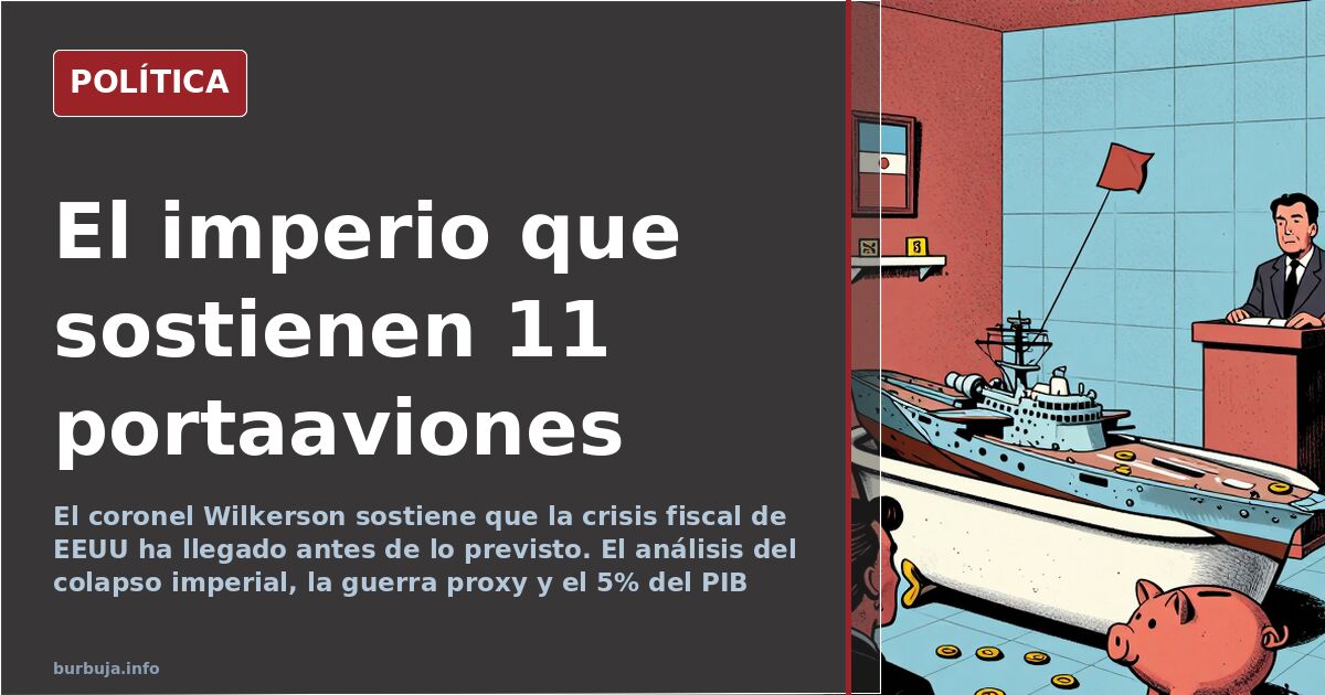 Ilustración editorial de un Capitolio agrietado con una impresora de billetes y portaaviones de fondo simbolizando el colapso