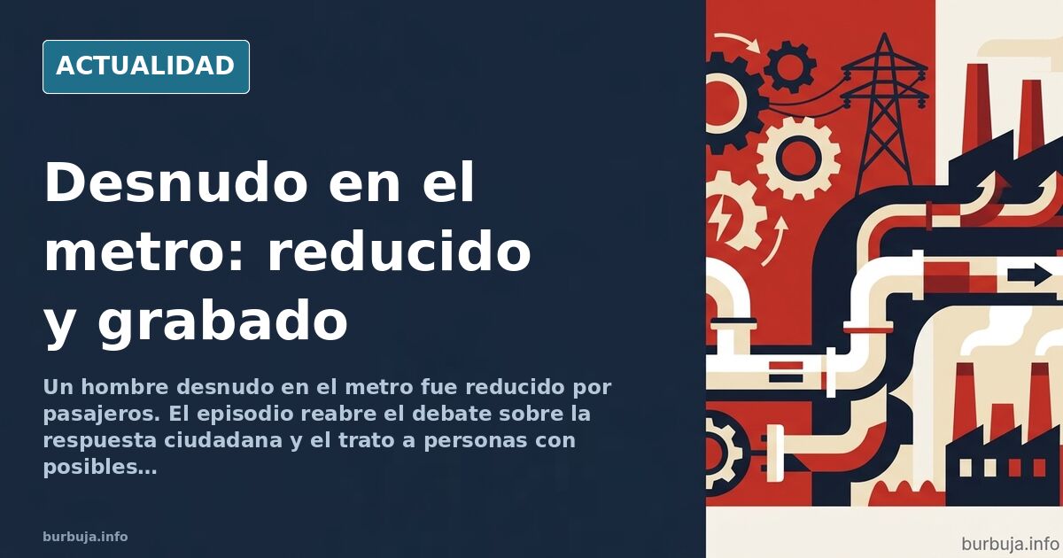 Interior de un vagón de metro con pasajeros de pie y un hombre siendo reducido por varios viajeros junto a la puerta