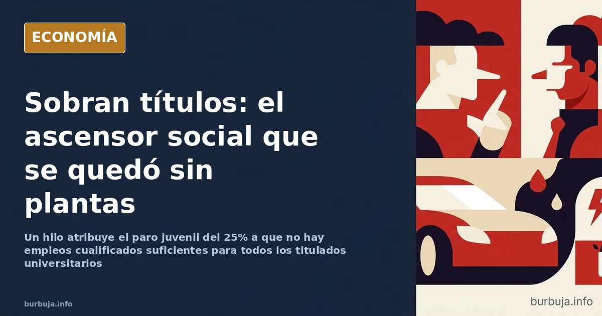 Ilustración editorial de una fila de graduados con birrete esperando ante una puerta estrecha que solo deja pasar a unos poco