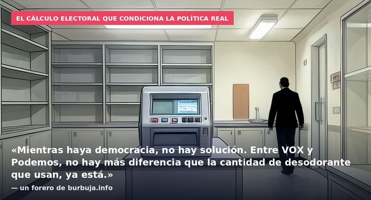 El cálculo electoral que condiciona la política real: «Mientras haya democracia, no hay solución. Entre VOX y Podemos, no hay más diferencia que la cantidad de desodorante que usan, ya está.» — un forero de burbuja.info