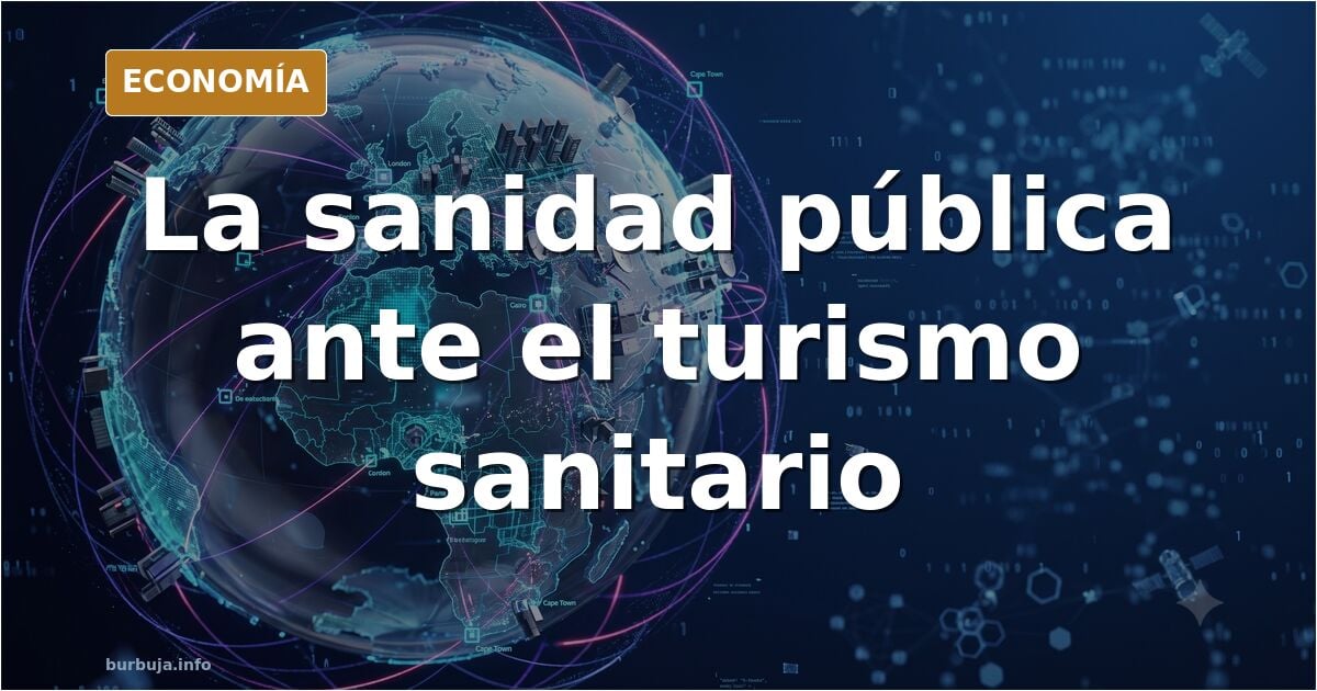 Ilustración editorial de un hospital público español con una larga cola de personas esperando atención sanitaria
