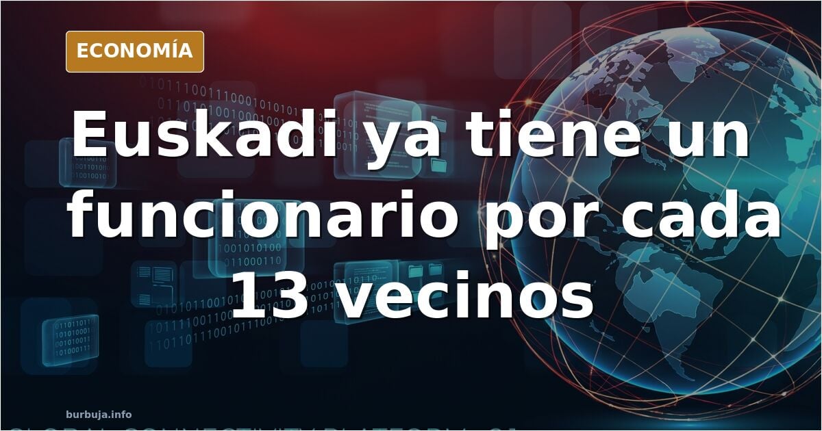 Ilustración editorial de edificios administrativos vascos apilados sobre una balanza con monedas, en azul marino y dorado
