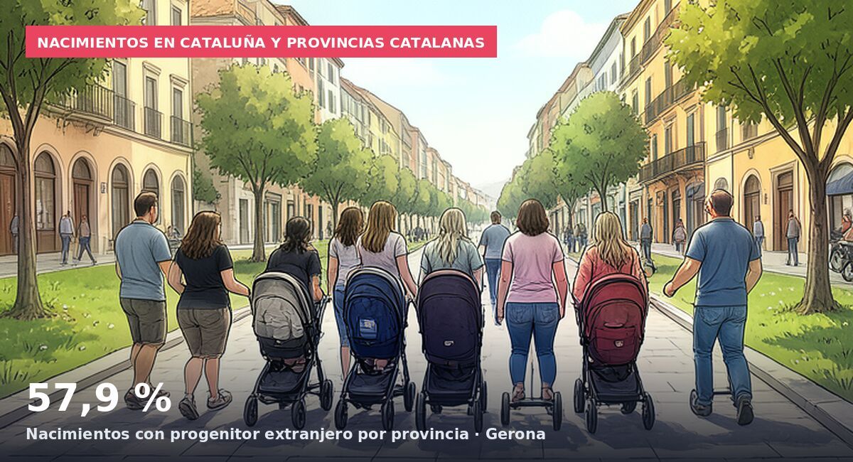 Nacimientos en Cataluña y provincias catalanas: 57,9 % Nacimientos con progenitor extranjero por provincia · Gerona
