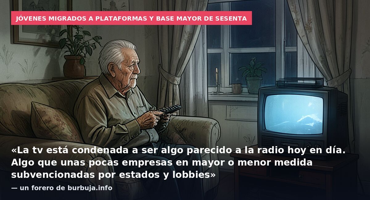 Jóvenes migrados a plataformas y base mayor de sesenta: «La tv está condenada a ser algo parecido a la radio hoy en día. Algo que unas pocas empresas en mayor o menor medida subvencionadas por estados y lobbies» — un forero de burbuja.info