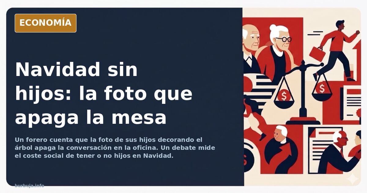 Ilustración editorial de una mesa de oficina en Navidad donde una foto de niños decorando el árbol interrumpe la conversación