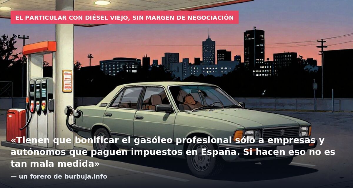 El particular con diésel viejo, sin margen de negociación: «Tienen que bonificar el gasóleo profesional sólo a empresas y autónomos que paguen impuestos en España. Si hacen eso no es tan mala medida» — un forero de burbuja.info