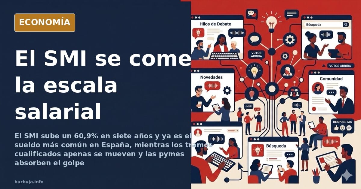 Ilustración editorial de una escala salarial aplanada por abajo, con el salario mínimo empujando el resto de tramos hacia una