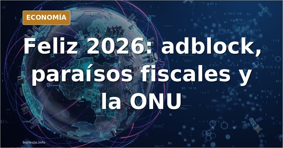 Ilustración editorial de un calendario marcando 2026 junto a una pantalla con un bloqueador de publicidad activado y un mapa 