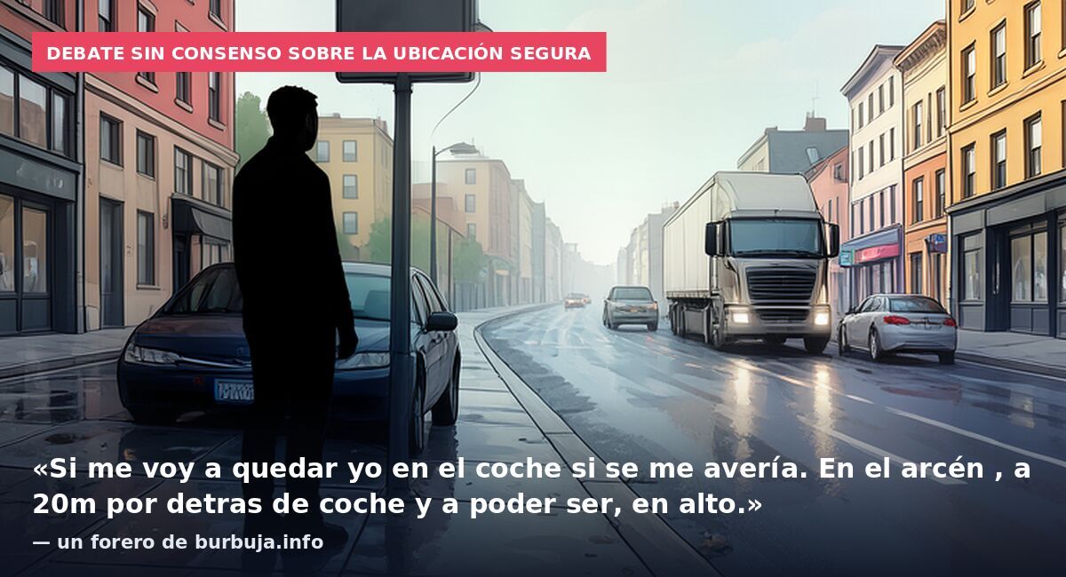 Debate sin consenso sobre la ubicación segura: «Si me voy a quedar yo en el coche si se me avería. En el arcén , a 20m por detras de coche y a poder ser, en alto.» — un forero de burbuja.info
