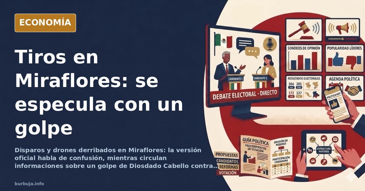 Ilustración editorial del Palacio de Miraflores con drones y disparos durante el tiroteo en Caracas