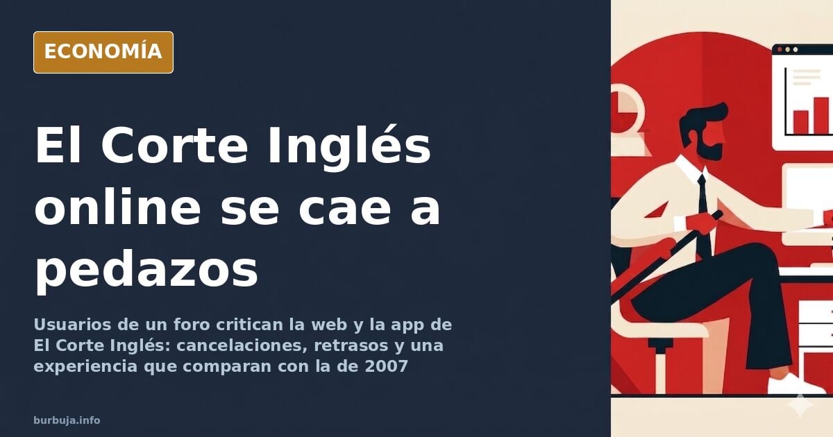 Ilustración editorial de un gran almacén clásico frente a una pantalla digital averiada, símbolo del fracaso del comercio onl