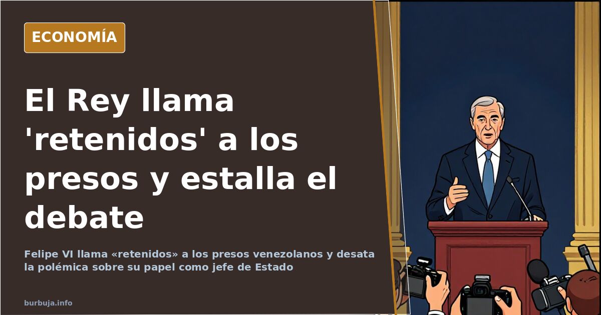 Ilustración editorial de Felipe VI ante un atril con banderas de España y Venezuela