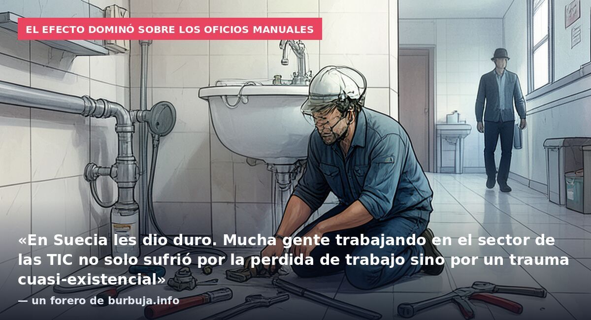El efecto dominó sobre los oficios manuales: «En Suecia les dio duro. Mucha gente trabajando en el sector de las TIC no solo sufrió por la perdida de trabajo sino por un trauma cuasi-existencial» — un forero de burbuja.info