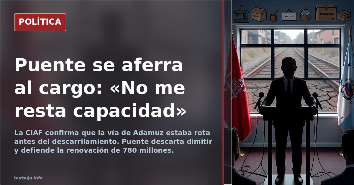 Ilustración editorial de Óscar Puente en un atril defendiendo su gestión ferroviaria tras el accidente de Adamuz