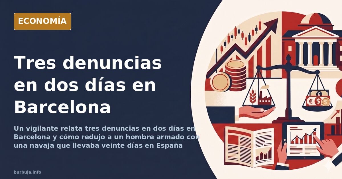 Ilustración editorial de una calle céntrica de Barcelona con presencia policial y tensión en la vía pública
