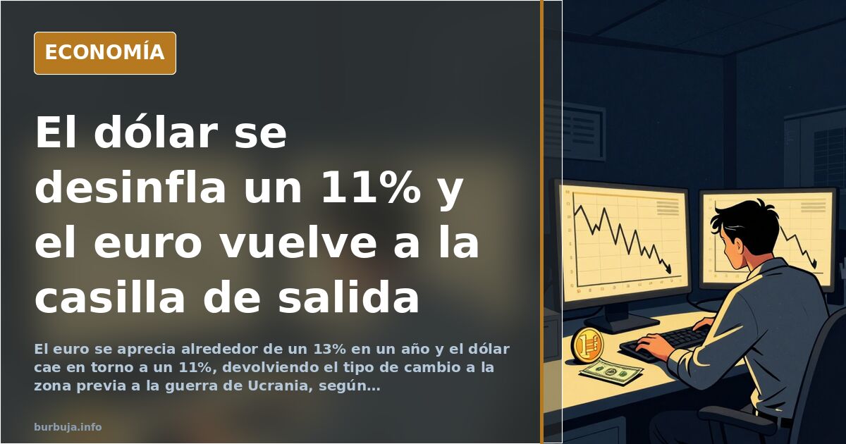 Gráfico editorial en azul marino y dorado mostrando la caída del dólar frente al euro en el último año