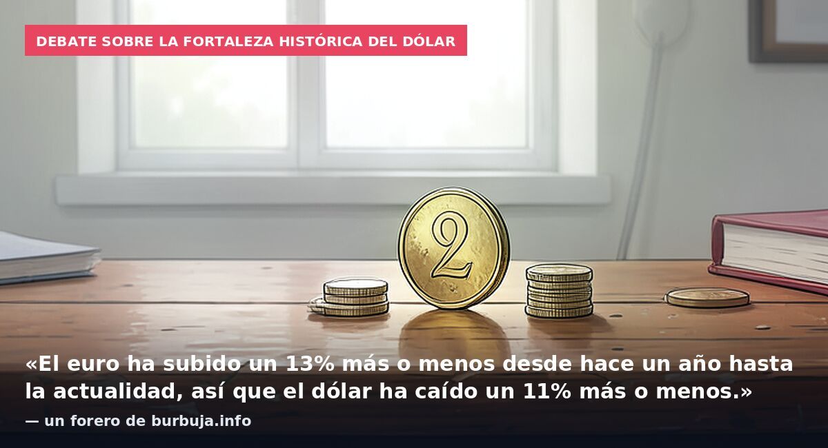 Debate sobre la fortaleza histórica del dólar: «El euro ha subido un 13% más o menos desde hace un año hasta la actualidad, así que el dólar ha caído un 11% más o menos.» — un forero de burbuja.info