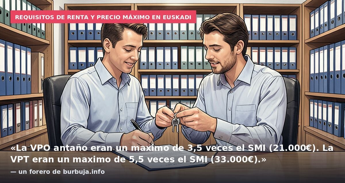 Requisitos de renta y precio máximo en Euskadi: «La VPO antaño eran un maximo de 3,5 veces el SMI (21.000€). La VPT eran un maximo de 5,5 veces el SMI (33.000€).» — un forero de burbuja.info
