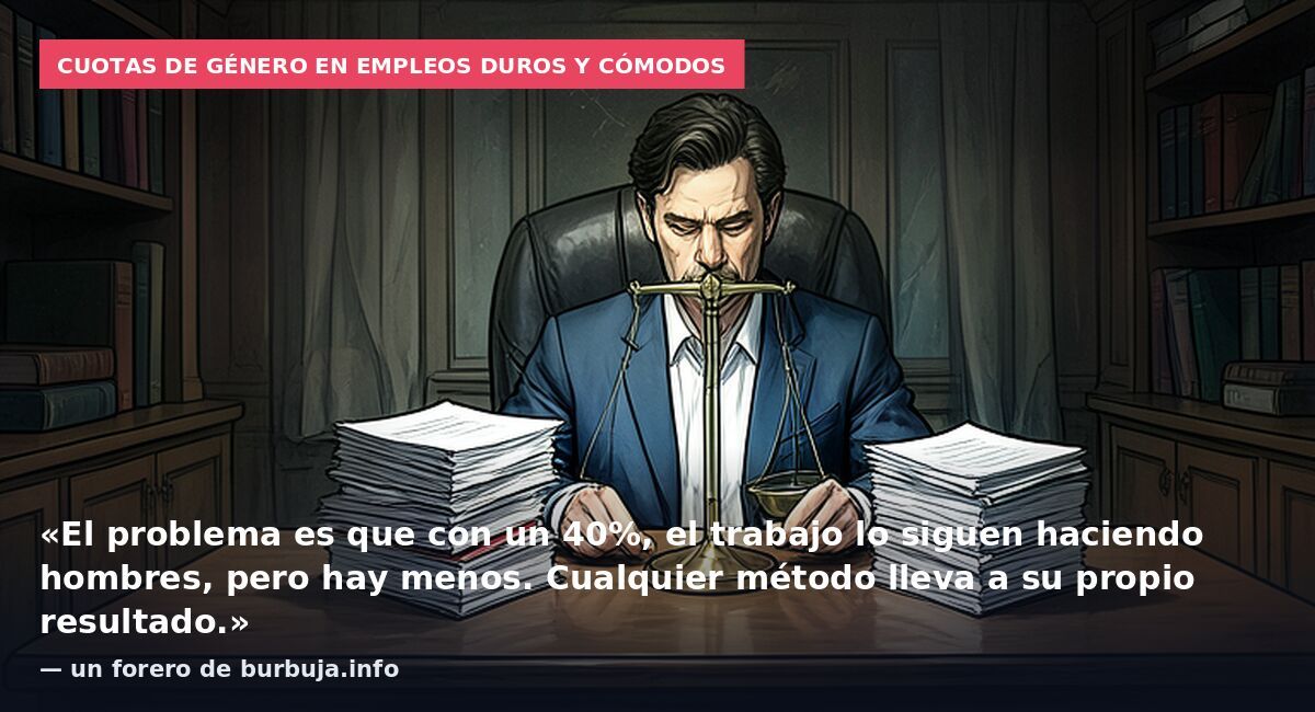 Cuotas de género en empleos duros y cómodos: «El problema es que con un 40%, el trabajo lo siguen haciendo hombres, pero hay menos. Cualquier método lleva a su propio resultado.» — un forero de burbuja.info