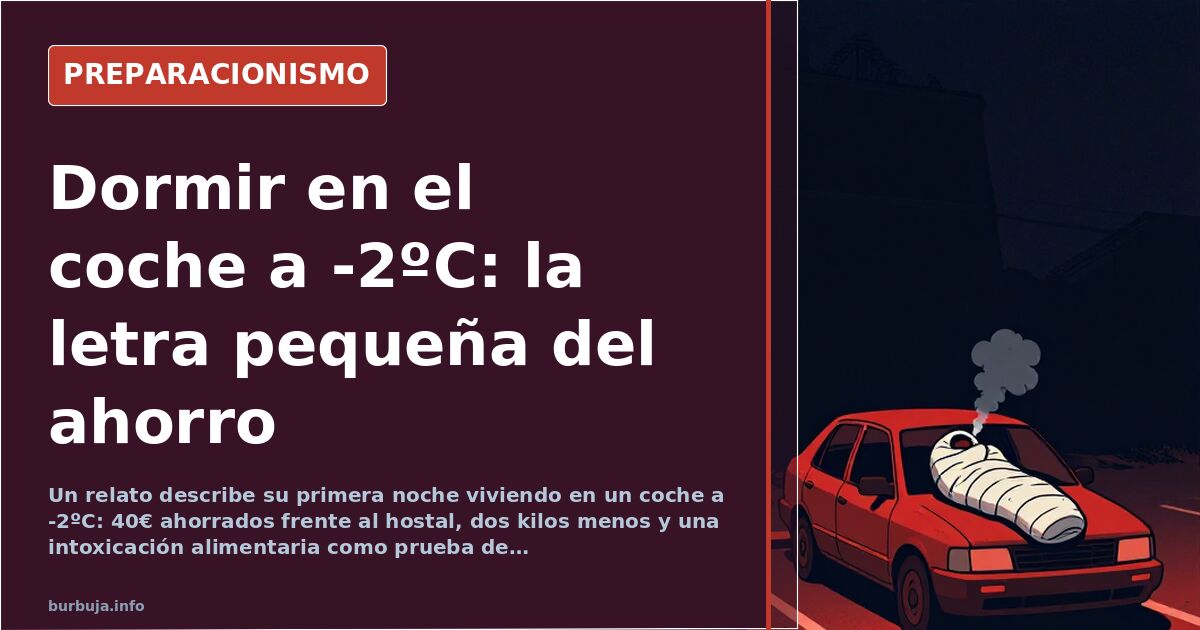 Interior de un coche utilitario con escarcha en el parabrisas y un termómetro marcando temperatura bajo cero en un polígono i