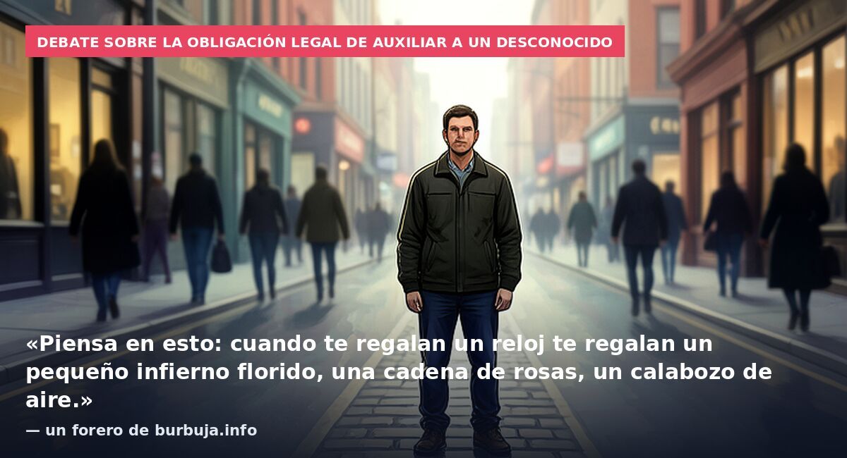 Debate sobre la obligación legal de auxiliar a un desconocido: «Piensa en esto: cuando te regalan un reloj te regalan un pequeño infierno florido, una cadena de rosas, un calabozo de aire.» — un forero de burbuja.info