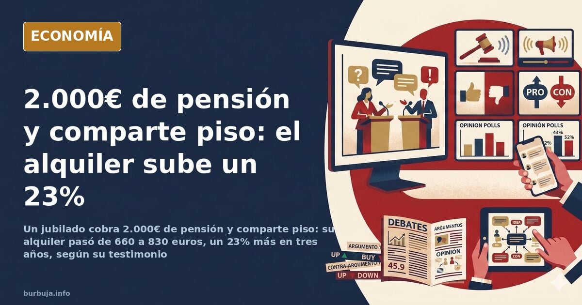 Ilustración editorial de un edificio de viviendas con dos siluetas de distintas generaciones bajo un mismo techo y una gráfic