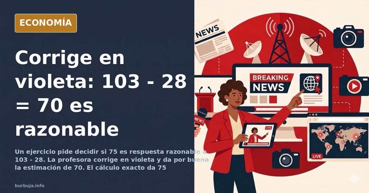 Ilustración editorial de un examen de matemáticas corregido con anotación violeta sobre la resta 103 menos 28 y la respuesta 