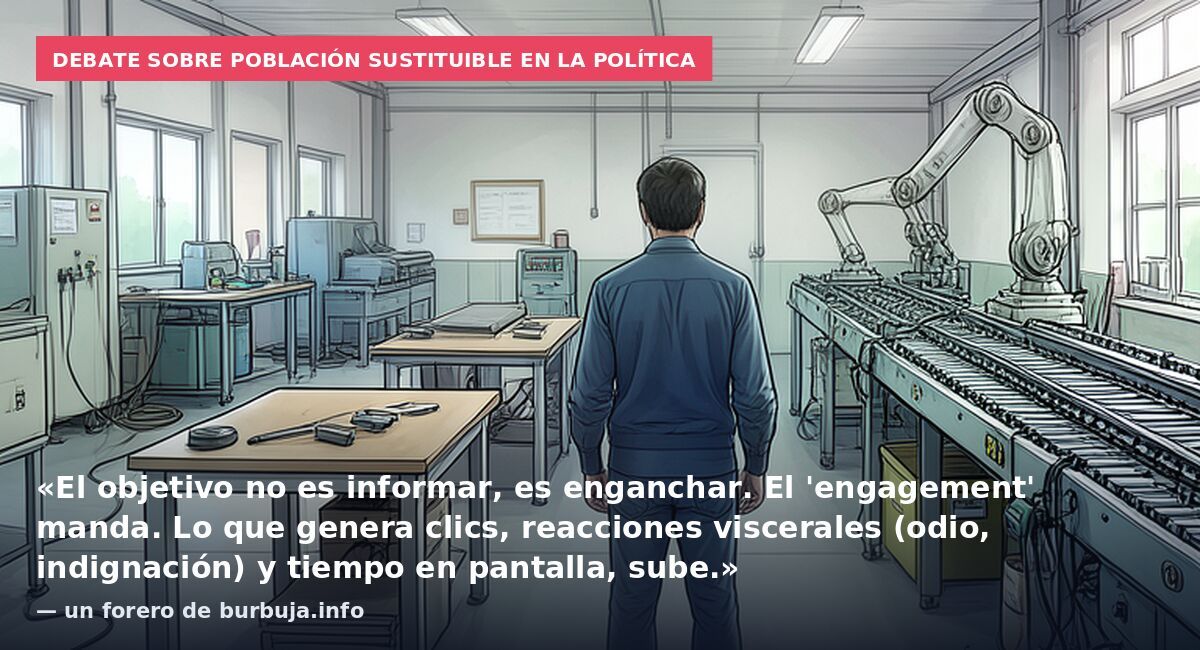 Debate sobre población sustituible en la política: «El objetivo no es informar, es enganchar. El 'engagement' manda. Lo que genera clics, reacciones viscerales (odio, indignación) y tiempo en pantalla, sube.» — un forero de burbuja.info