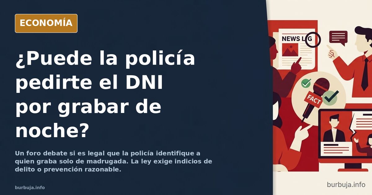 Agente de policía en coche patrulla identificando a un ciudadano que graba con el móvil en la vía pública de noche