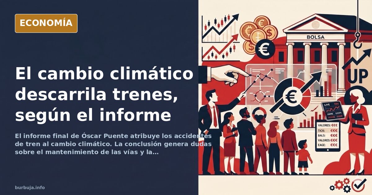 Ilustración editorial de un tren de alta velocidad descarrilado junto a vías oxidadas bajo una nube de tormenta, símbolo del 