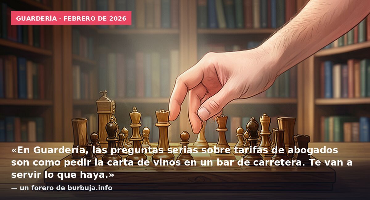 Guardería · febrero de 2026: «En Guardería, las preguntas serias sobre tarifas de abogados son como pedir la carta de vinos en un bar de carretera. Te van a servir lo que haya.» — un forero de burbuja.info