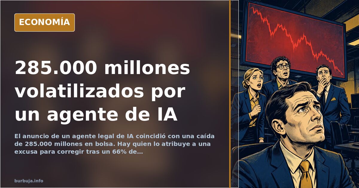 Ilustración editorial de un agente de inteligencia artificial jurídico provocando una caída bursátil de 285.000 millones