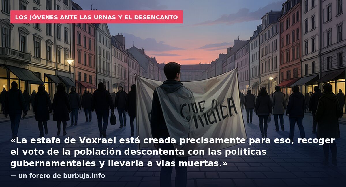 Los jóvenes ante las urnas y el desencanto: «La estafa de Voxrael está creada precisamente para eso, recoger el voto de la población descontenta con las políticas gubernamentales y llevarla a vias muertas.» — un forero de burbuja.info