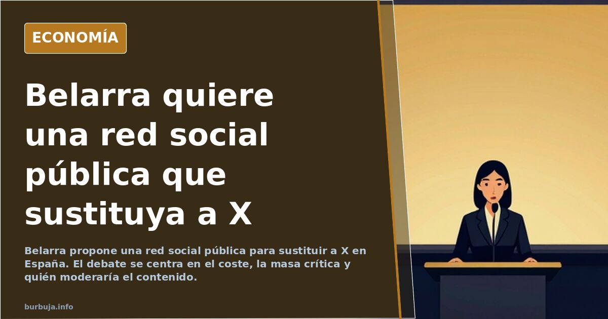 Ilustración editorial de una red social pública española frente a X, con balanzas y símbolos de control estatal