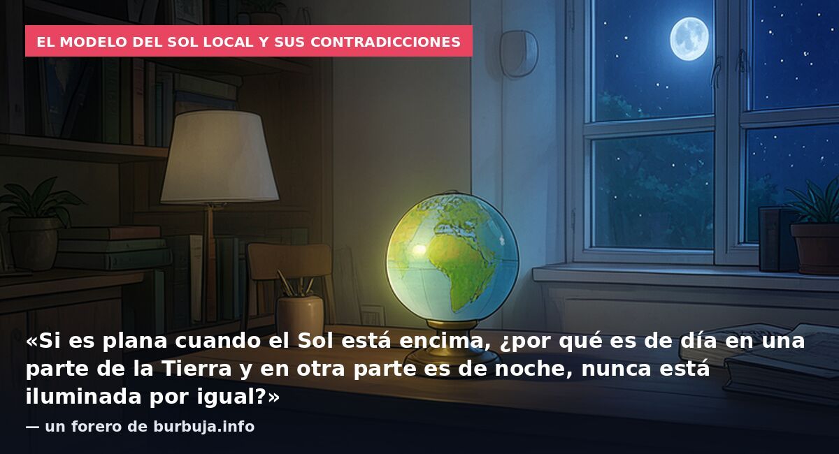 El modelo del sol local y sus contradicciones: «Si es plana cuando el Sol está encima, ¿por qué es de día en una parte de la Tierra y en otra parte es de noche, nunca está iluminada por igual?» — un forero de burbuja.info
