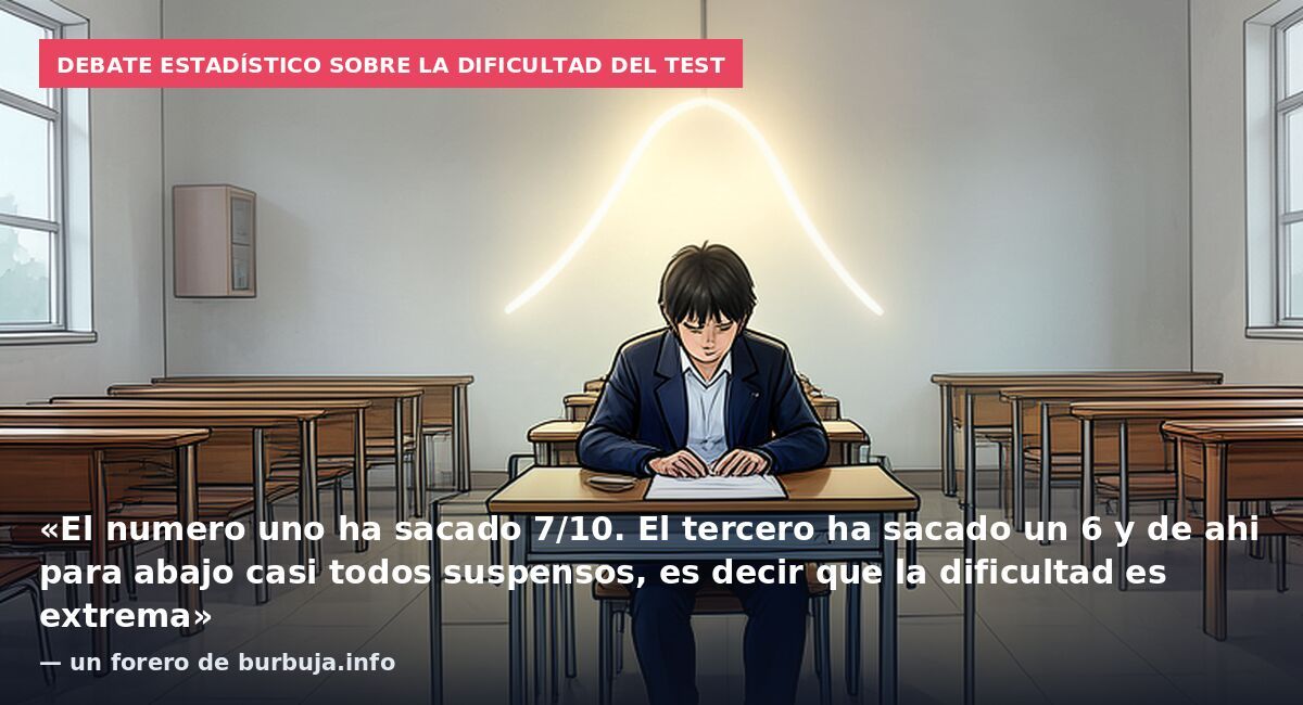 Debate estadístico sobre la dificultad del test: «El numero uno ha sacado 7/10. El tercero ha sacado un 6 y de ahi para abajo casi todos suspensos, es decir que la dificultad es extrema» — un forero de burbuja.info