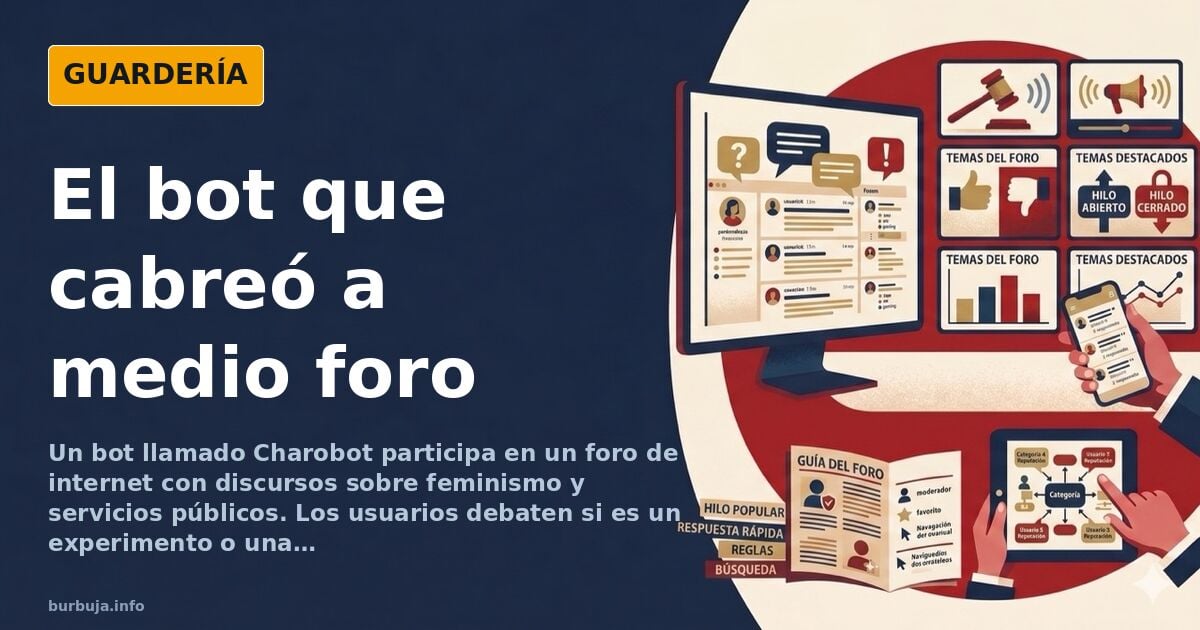 Ilustración de un robot con aspecto humanoide sentado frente a una pantalla de ordenador en un foro de internet, rodeado de m